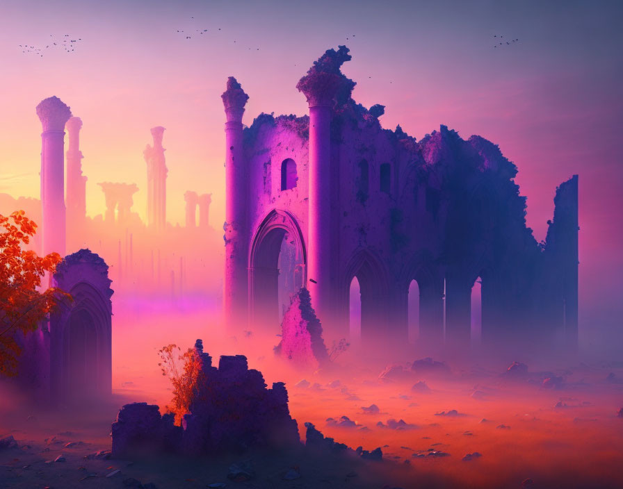 Ancient structure ruins with arches and columns in misty purple and pink landscape