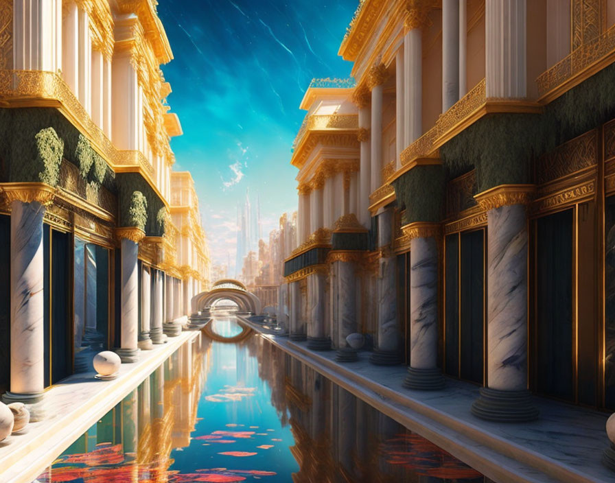 Fantastical golden city with classical and futuristic architecture