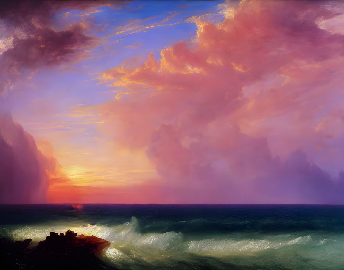 Majestic clouds at vibrant sunset over rough sea