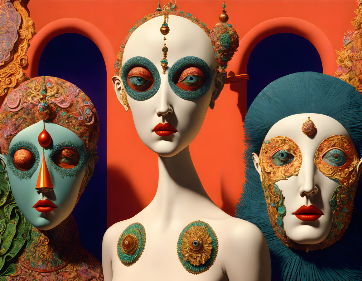 Intricately Designed Venetian-Style Carnival Masks on Orange Background