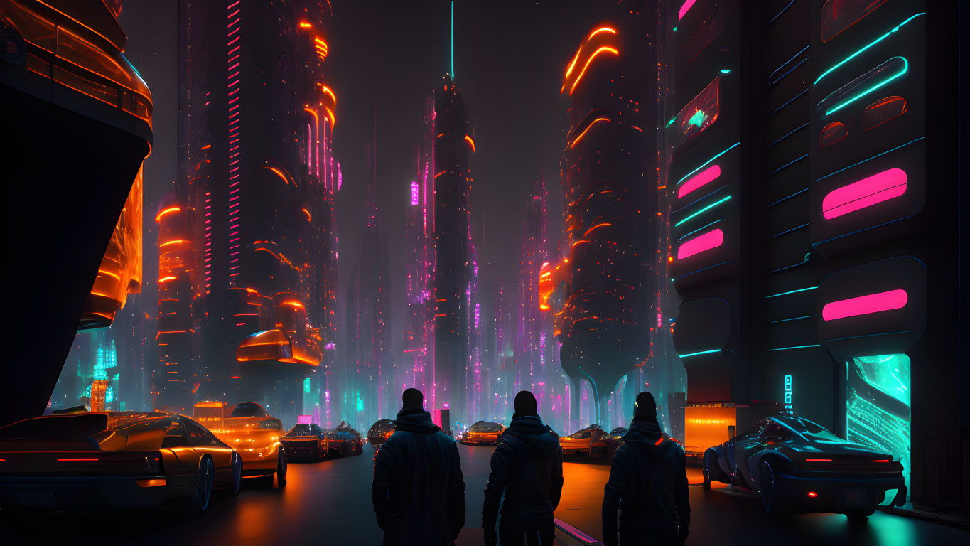 Futuristic cityscape at night with neon lights