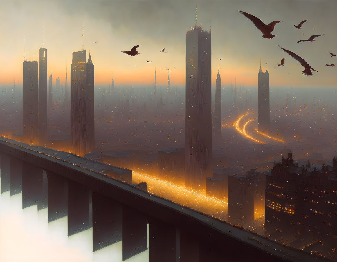 Apocalyptic cityscape at dusk with glowing orange lights and mist-covered high-rise buildings