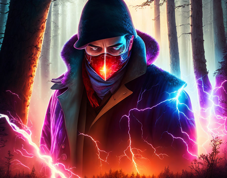 Person in jacket and red mask in forest with purple lightning and sunset glow