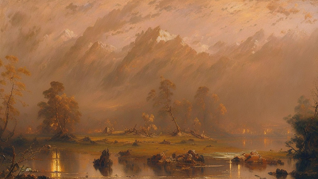 Tranquil landscape: misty mountains, forest, lake under luminous sky