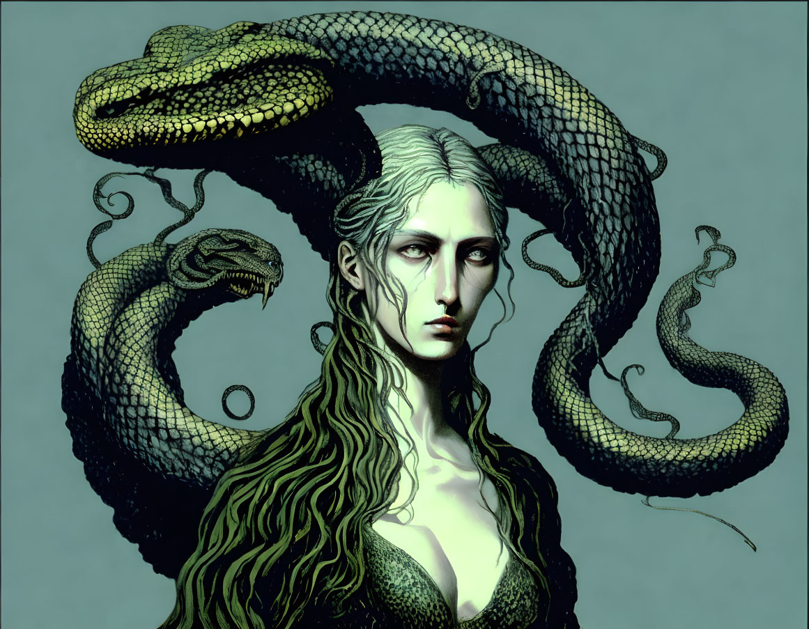 Illustrated woman with pale skin and green hair entwined with serpents.