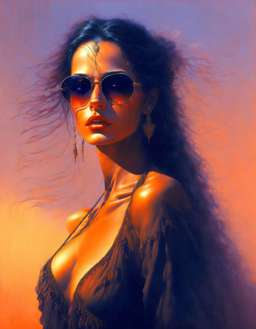 Portrait of a woman with flowing hair and sunglasses on warm background