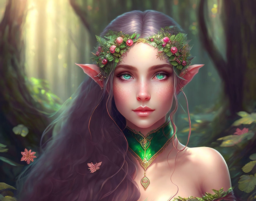 Female Elf with Floral Crown in Enchanted Forest Setting