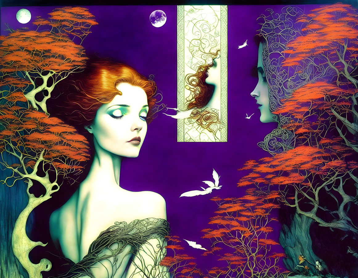 Artwork featuring two women with tree hair, crescent moon, and birds against purple backdrop