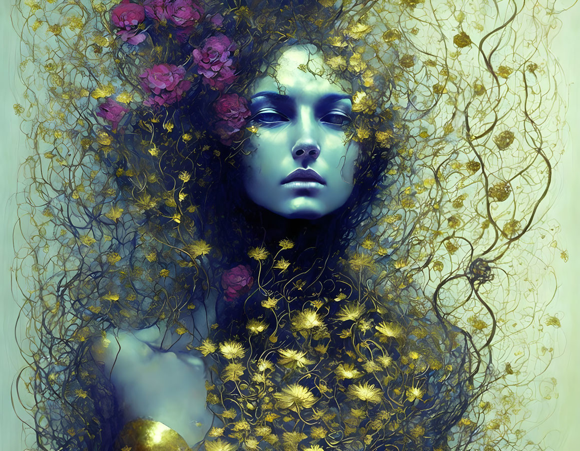 Surreal portrait of woman with blue skin and gold accents