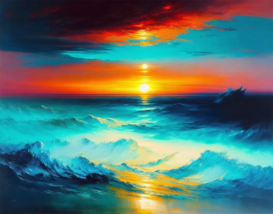 Colorful sunset painting with blue and orange hues over ocean waves