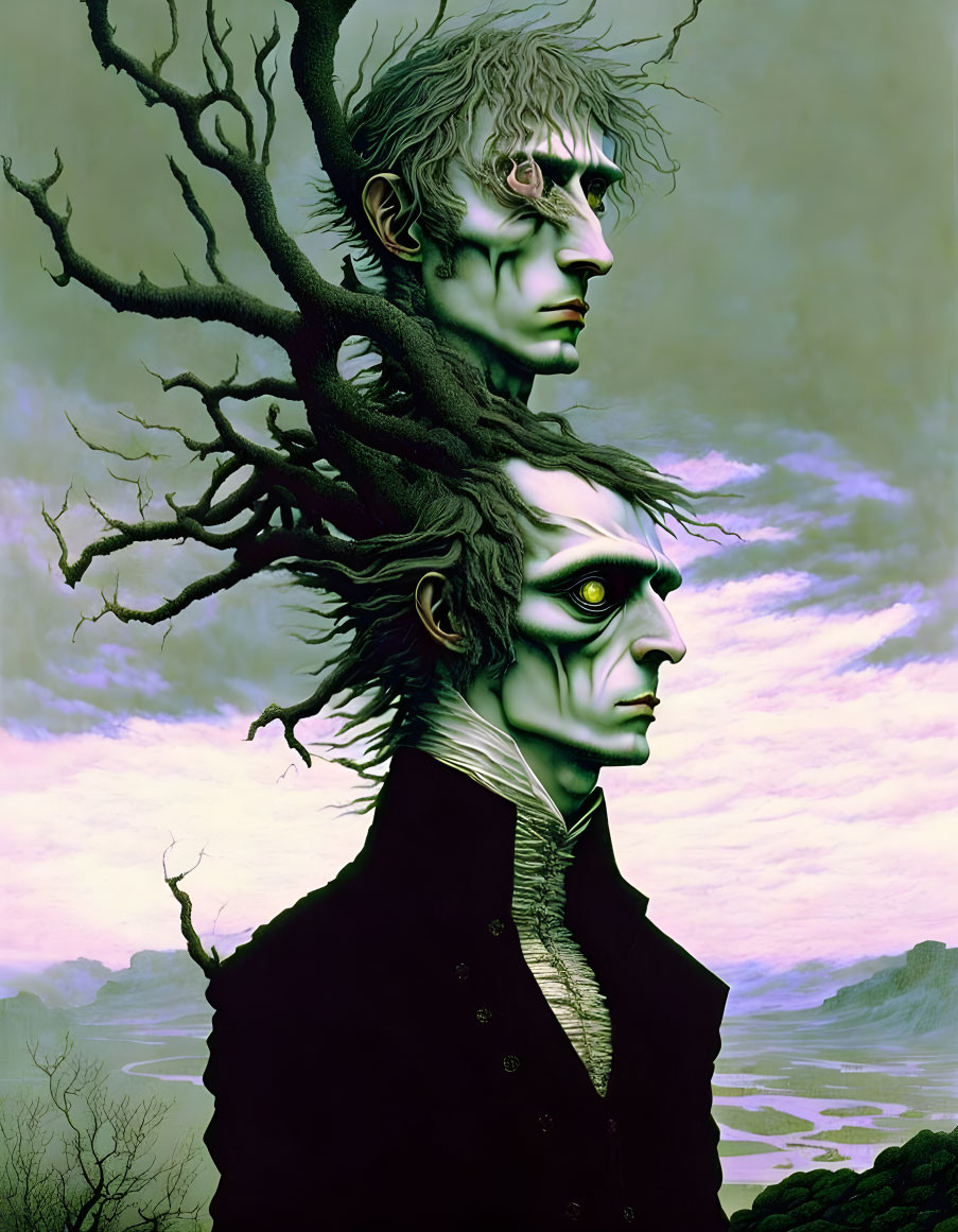 Surreal artwork: Two male faces merge with tree against green skies