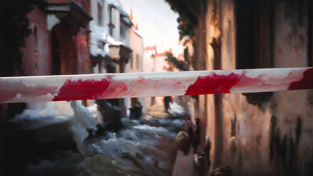 Snow-covered narrow alley with red and white barrier, old buildings, and distant figures