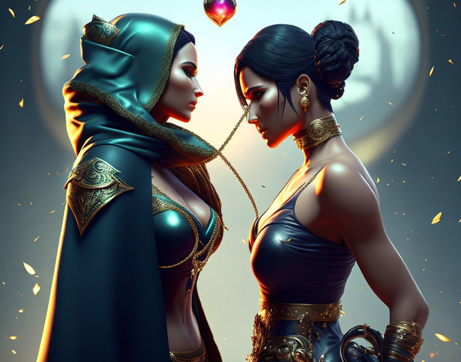 Stylized female characters in fantasy attire with glowing gemstone, warm light backdrop.