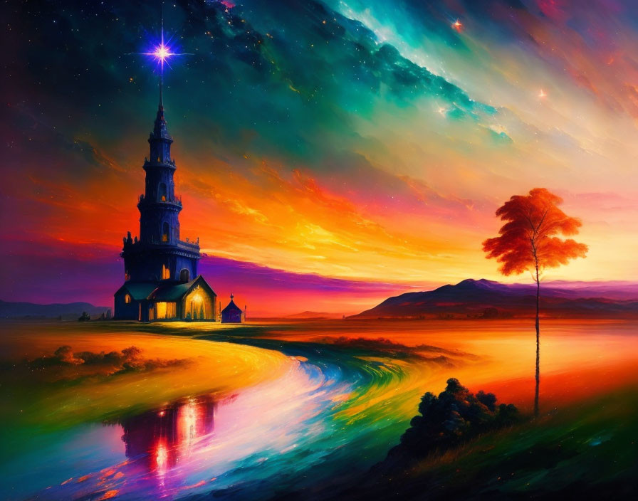 Digital artwork: Castle on hill by river under colorful sunset sky