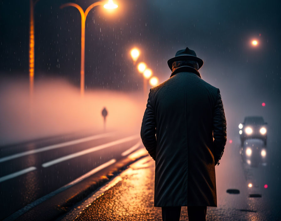 Person in coat and hat on misty night road with street lamps and approaching vehicle.