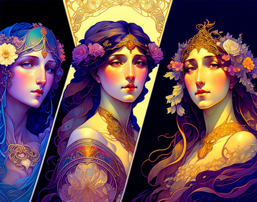 Stylized portraits of women with intricate headpieces and jewelry on dark background.