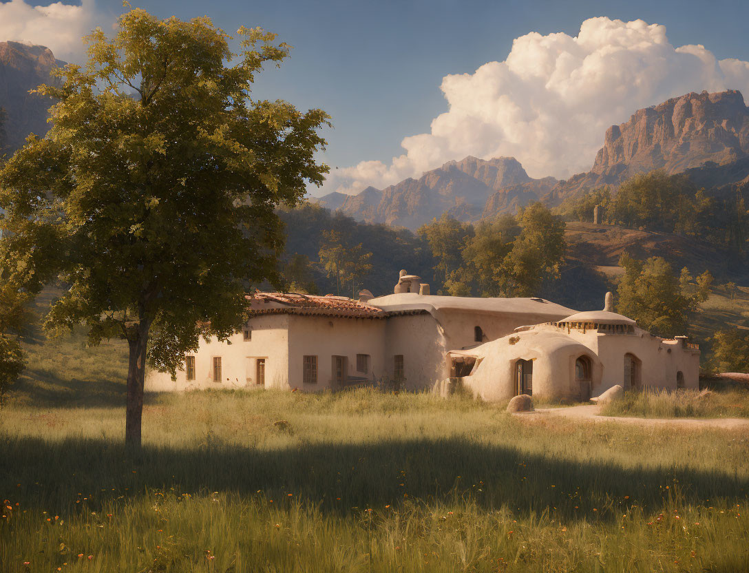 Traditional adobe house in rural setting with lush grass, tree, and mountains.