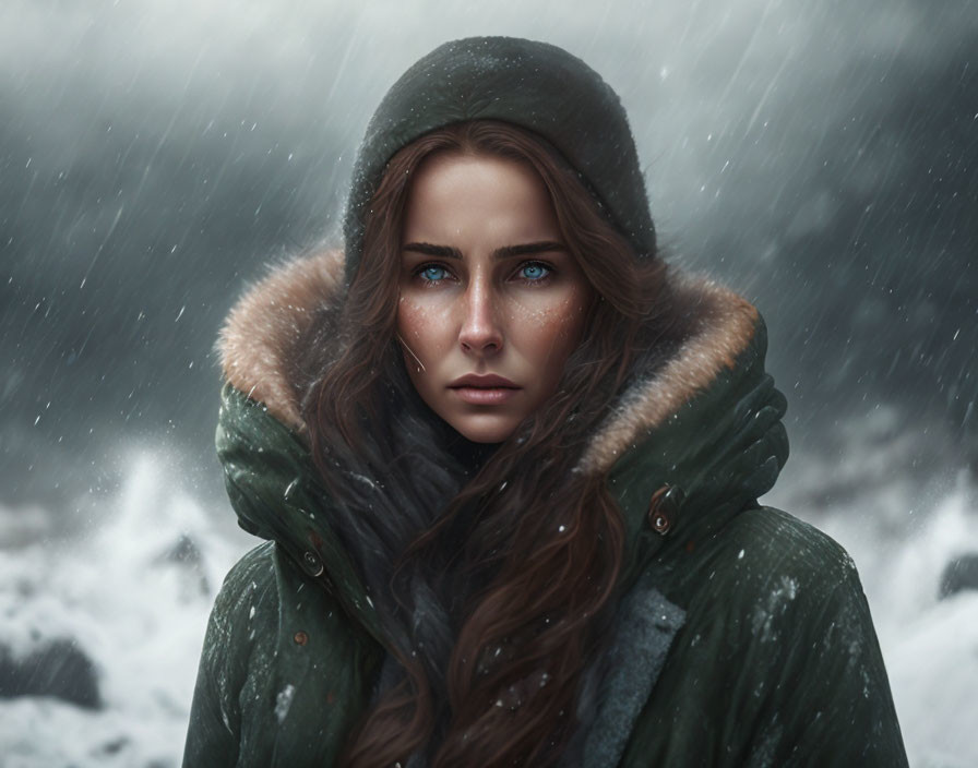 Woman with blue eyes in parka surrounded by snowflakes