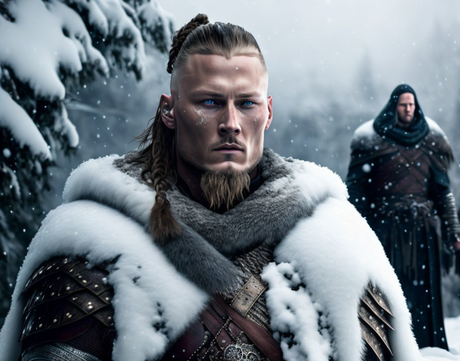 Digital artwork of Viking warrior with braided hair and tattoos in snowy landscape