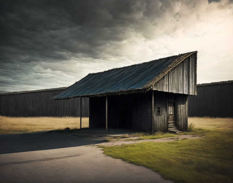 Abandoned wooden shack with sloping roof under dramatic sky