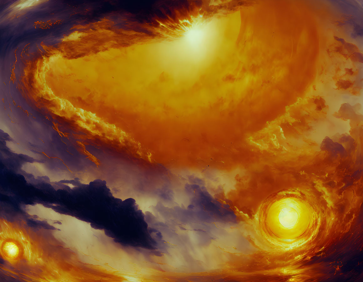 Surreal skyscape with swirling dual suns and vibrant clouds