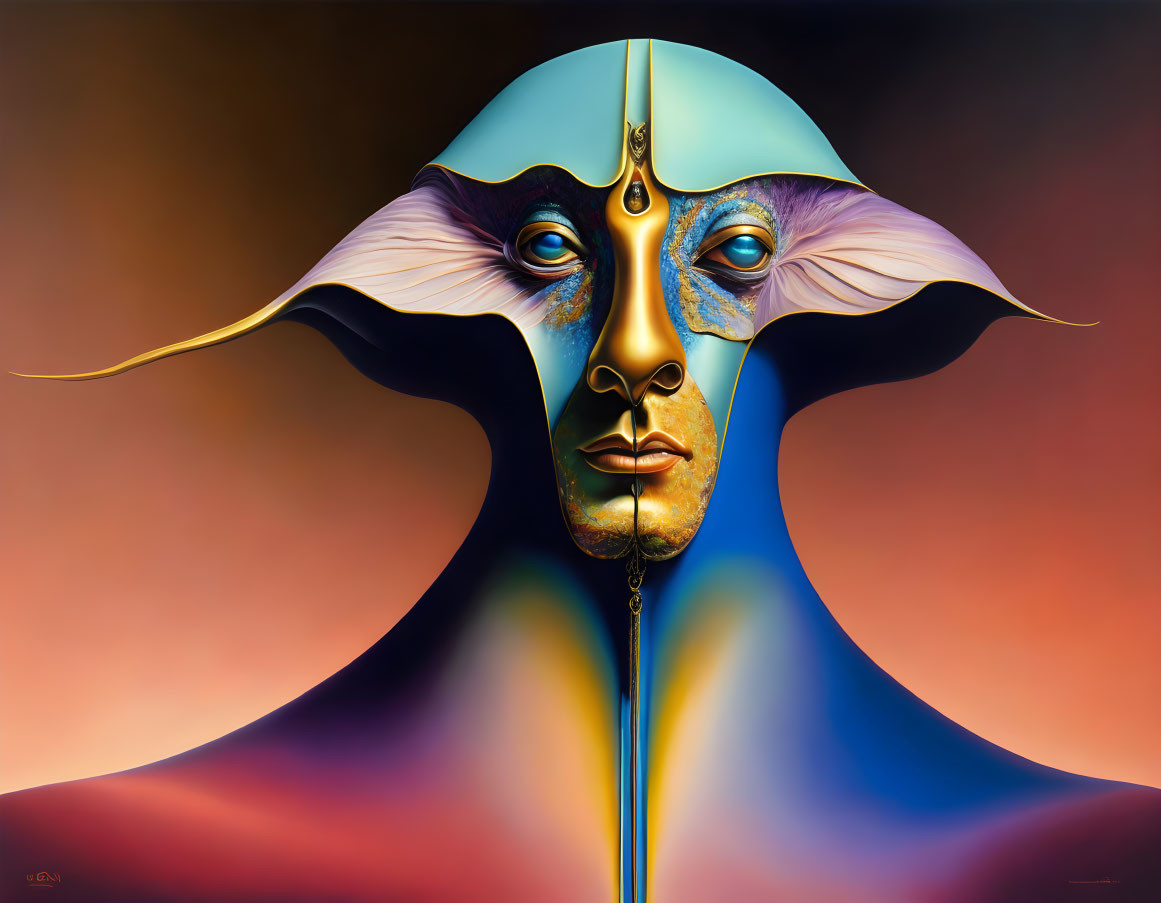 Surreal portrait of creature with human-like face and elongated ears on warm gradient background