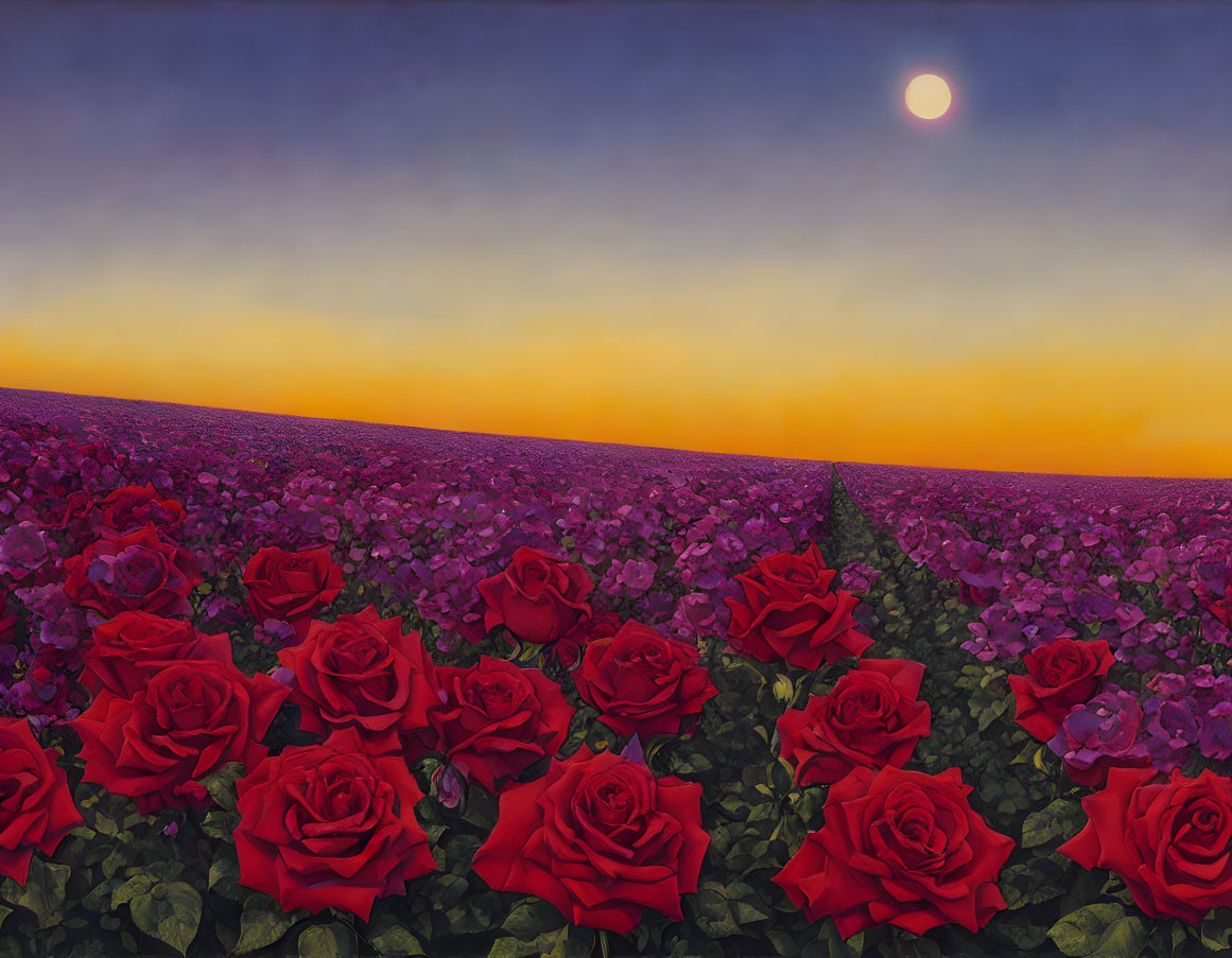 Colorful painting of red roses and purple flowers under dramatic sunset sky