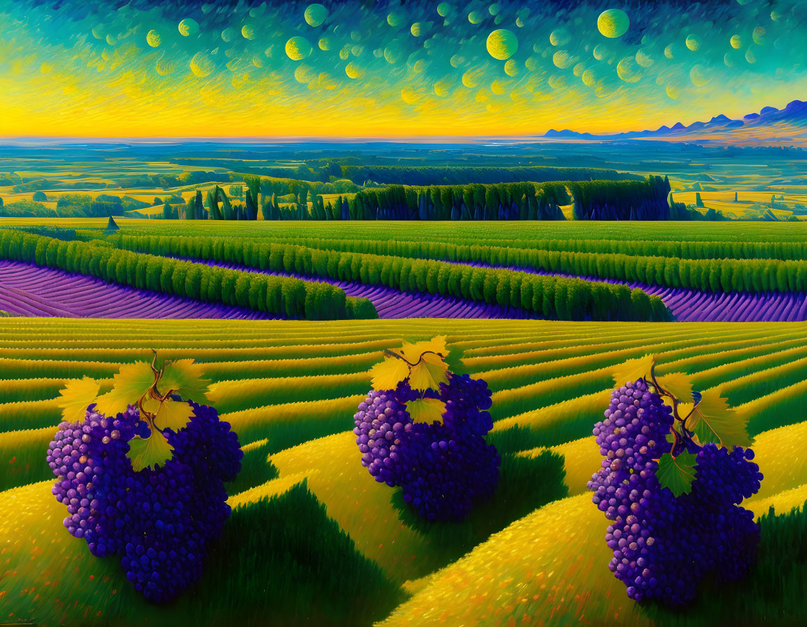 Colorful painting of grape clusters in farmland under golden sky