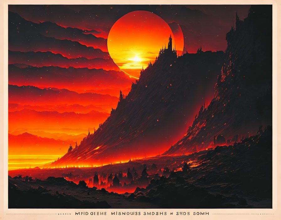 Sci-fi landscape with towering mountains and red sun at sunset