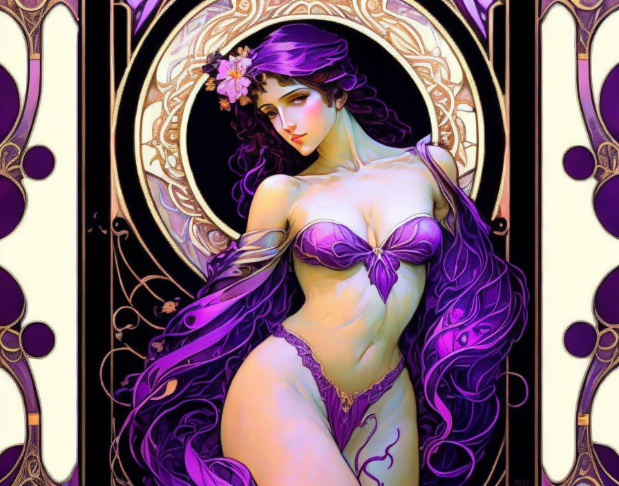 Illustrated woman with purple hair in Art Nouveau-style frame