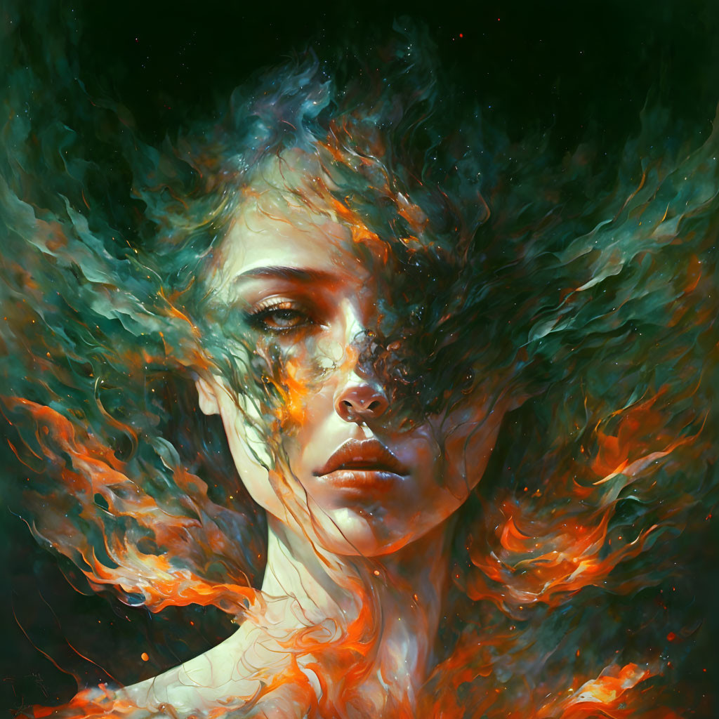 Surreal portrait of a woman with flame-like wisps in cosmic setting