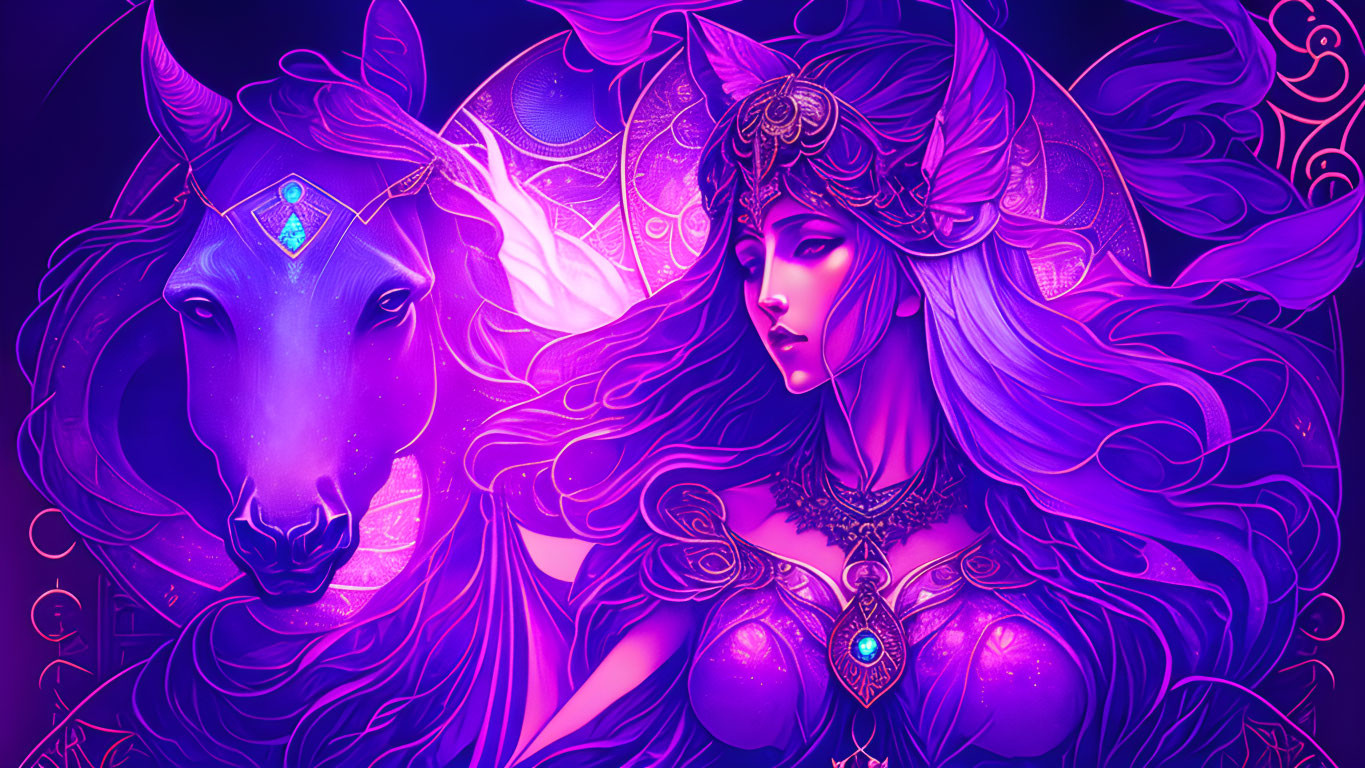 Illustration: Woman and unicorn with jeweled headdress on purple backdrop