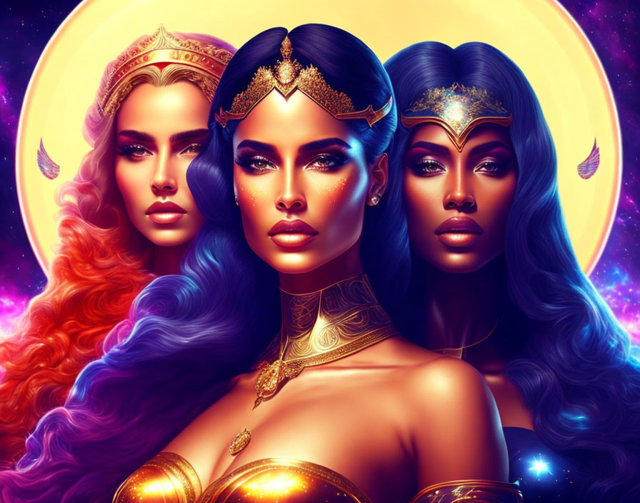 Stylized women with golden headpieces against vibrant full moon backdrop