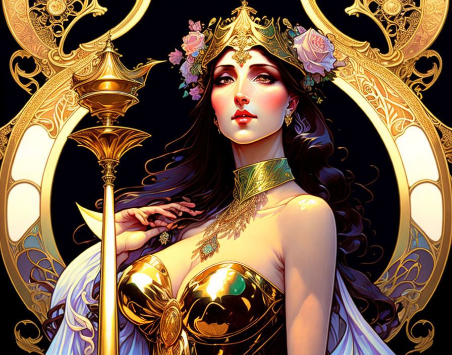 Ethereal female figure adorned with golden jewelry and floral motifs