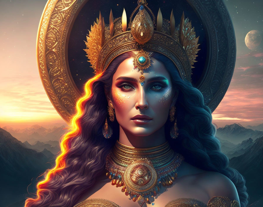 Illustration of woman with golden headgear against twilight sky