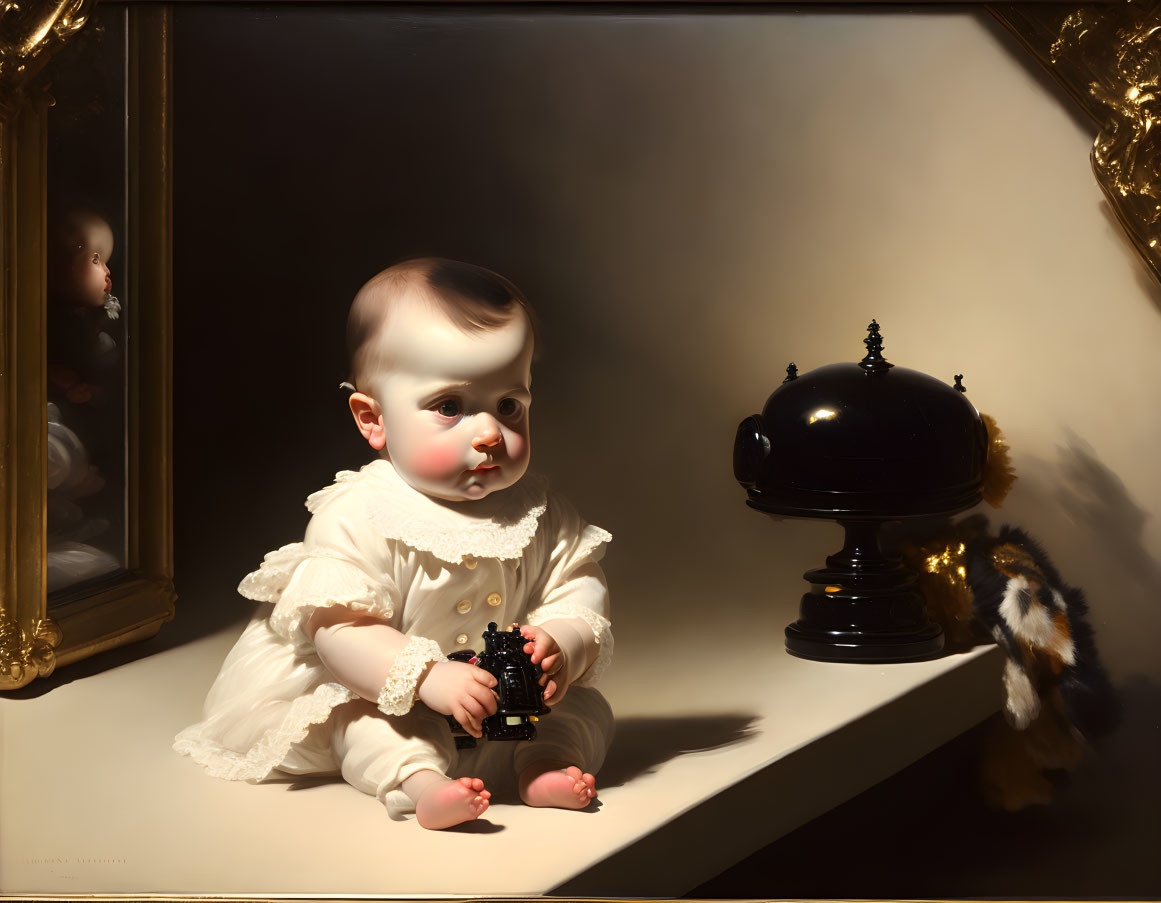 Surreal painting of doll-like child with large eyes beside reflective sphere