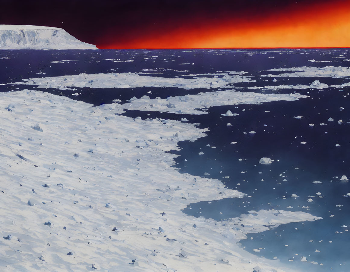 Arctic landscape with floating ice and fiery horizon glow