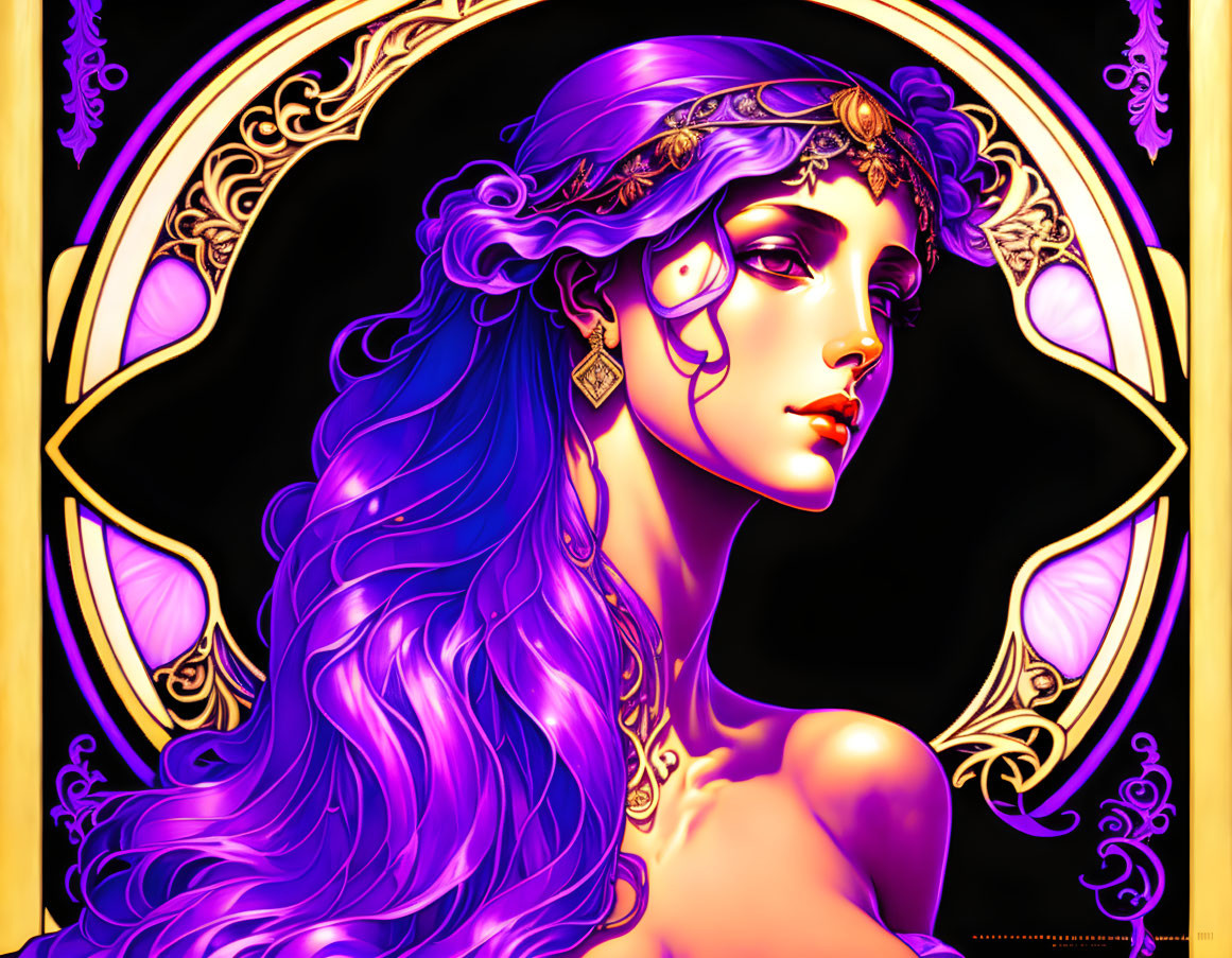 Purple-haired woman with golden headpiece in ornate art nouveau frame