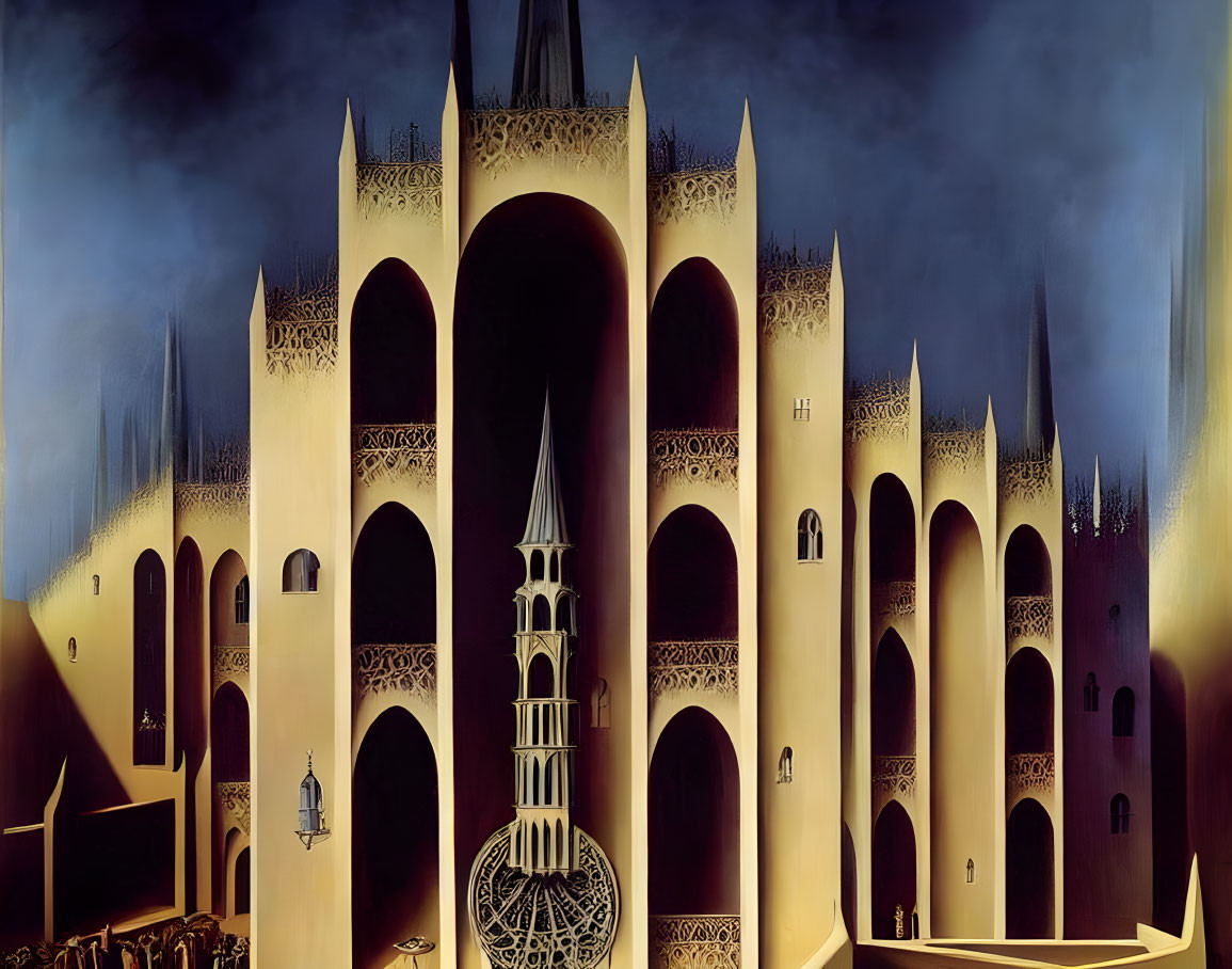 Surreal gothic castle painting with arches and spires