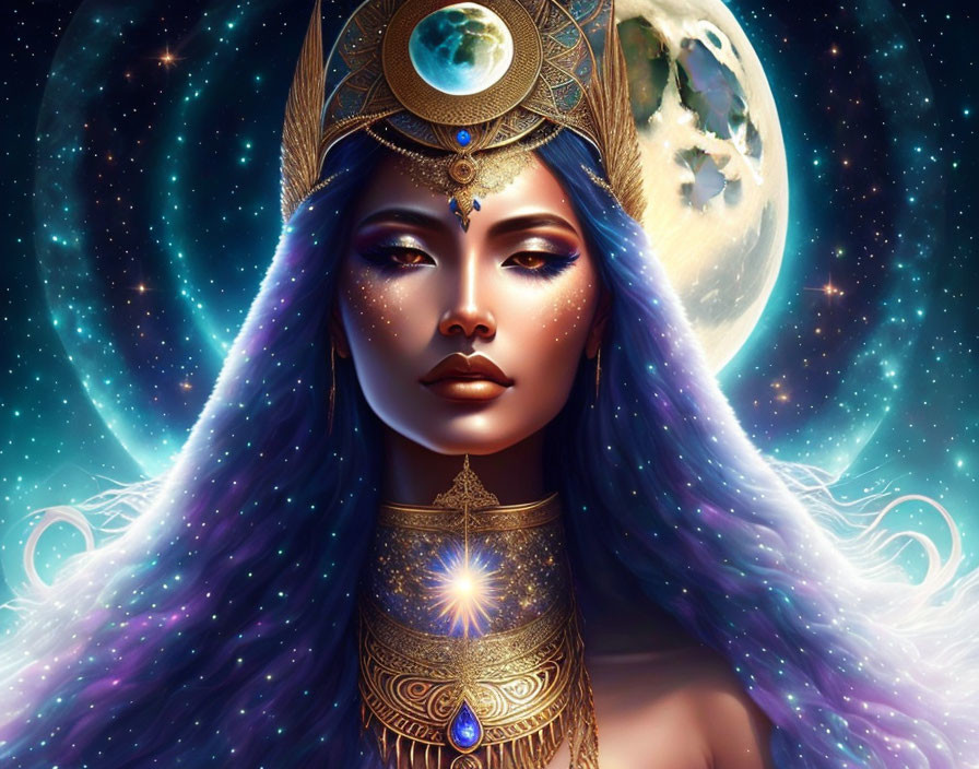 Mystical woman with purple star-infused hair and cosmic background.