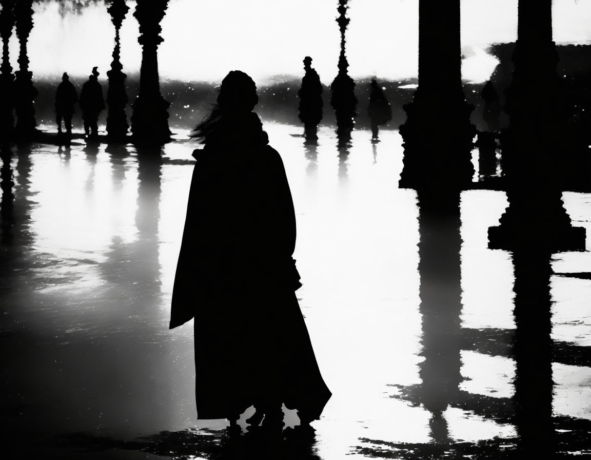 Monochrome silhouette under pillars with onlookers in high contrast