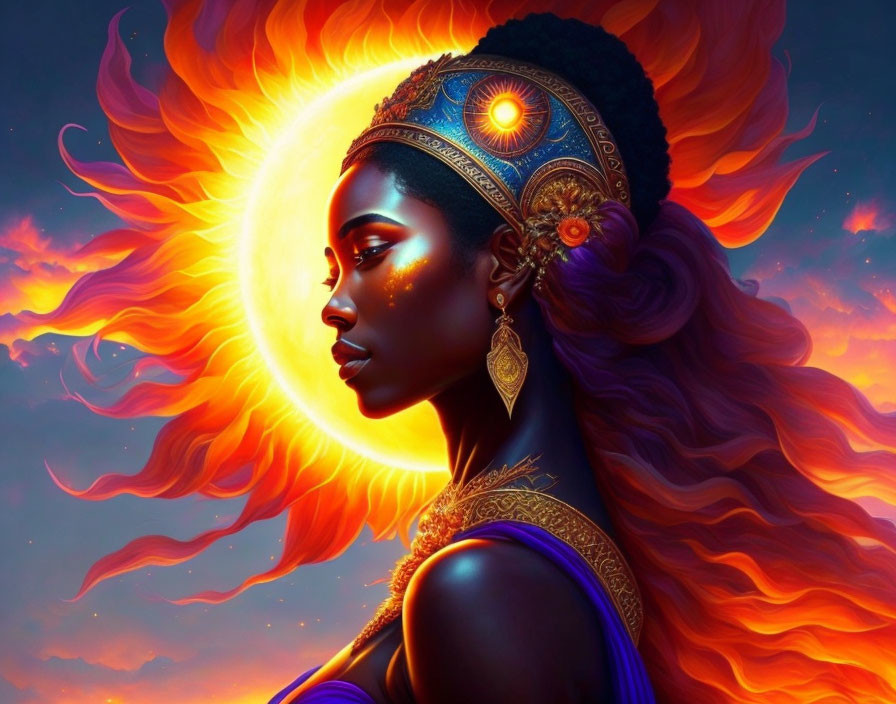 Portrait of a woman with golden jewelry against fiery sun and flowing flame hair