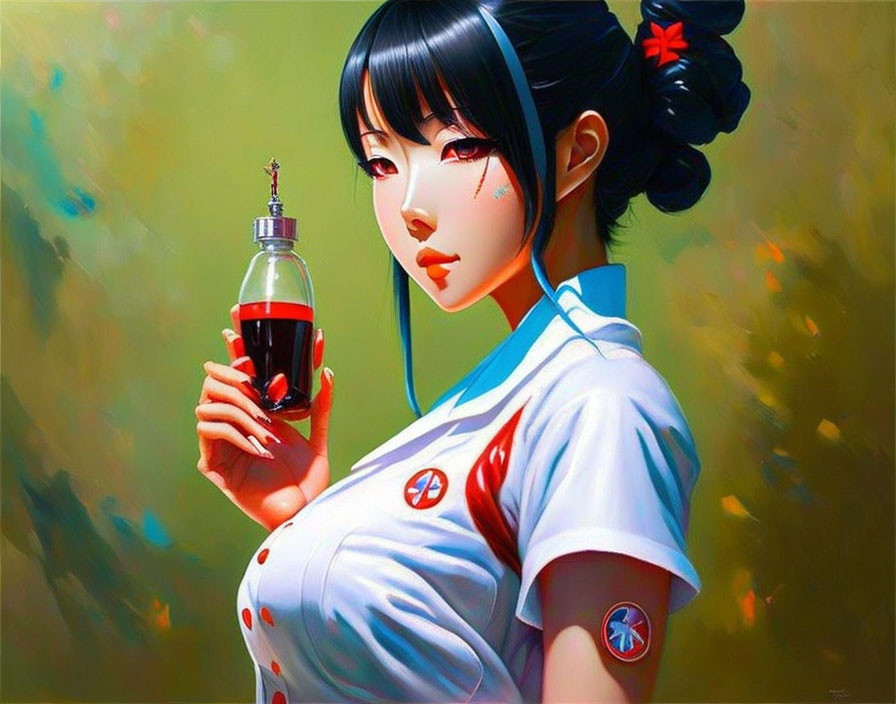 Stylized illustration of woman with black hair, red flower, futuristic bottle, white outfit