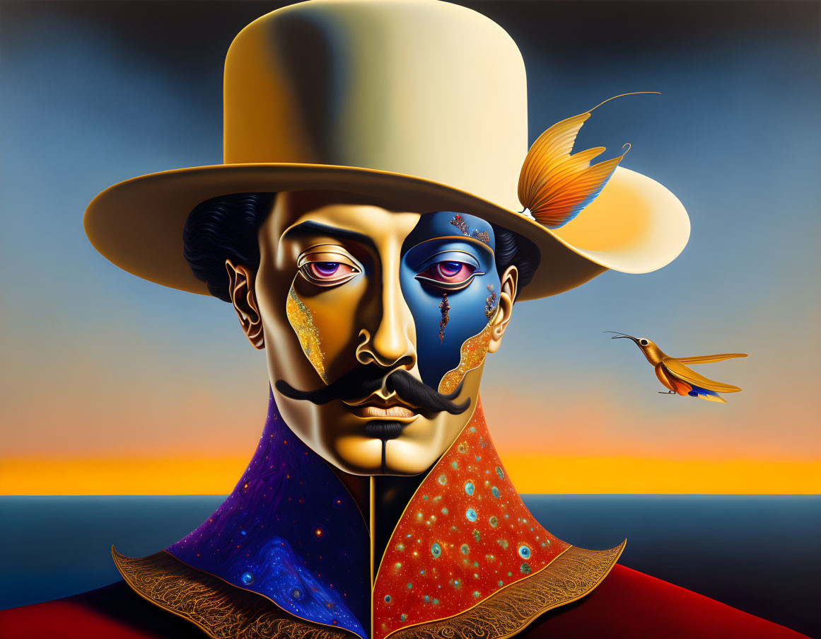 Surreal split-face portrait with wide-brimmed hat and ocean horizon.