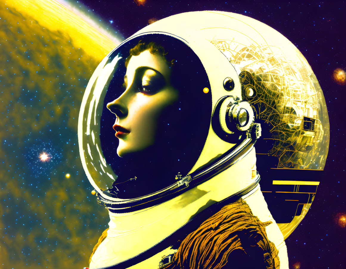 Stylized retro-futuristic person in space helmet with golden visor against cosmic backdrop