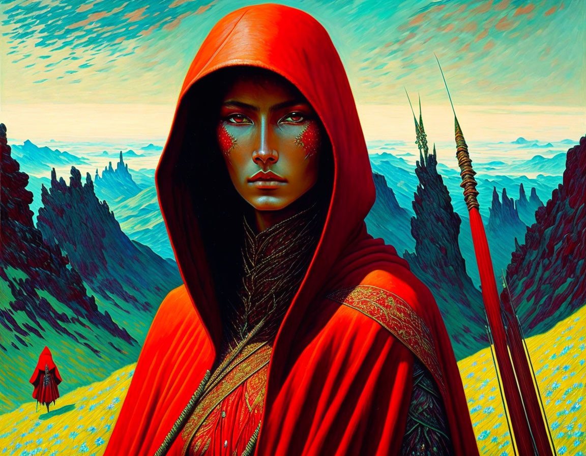 Figure in Red Hooded Cloak with Quiver of Arrows in Mountain Landscape