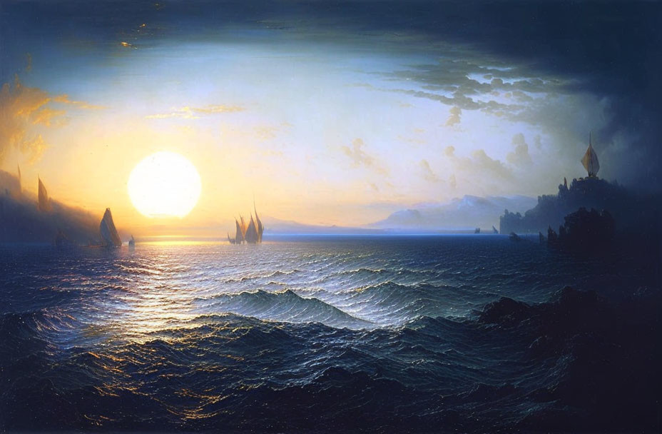 Sunset seascape with sailboats and radiant sun reflecting on ocean