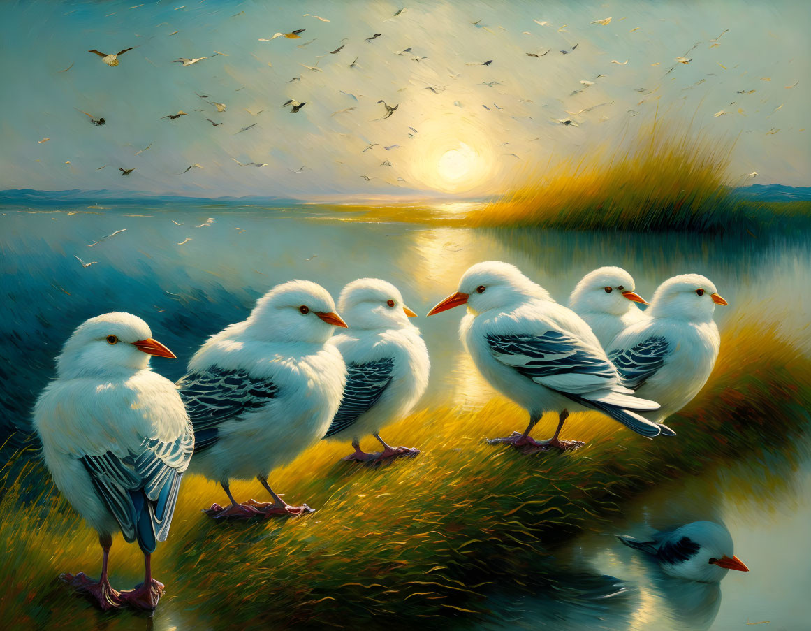 Stylized white birds with black striped wings by water at sunset