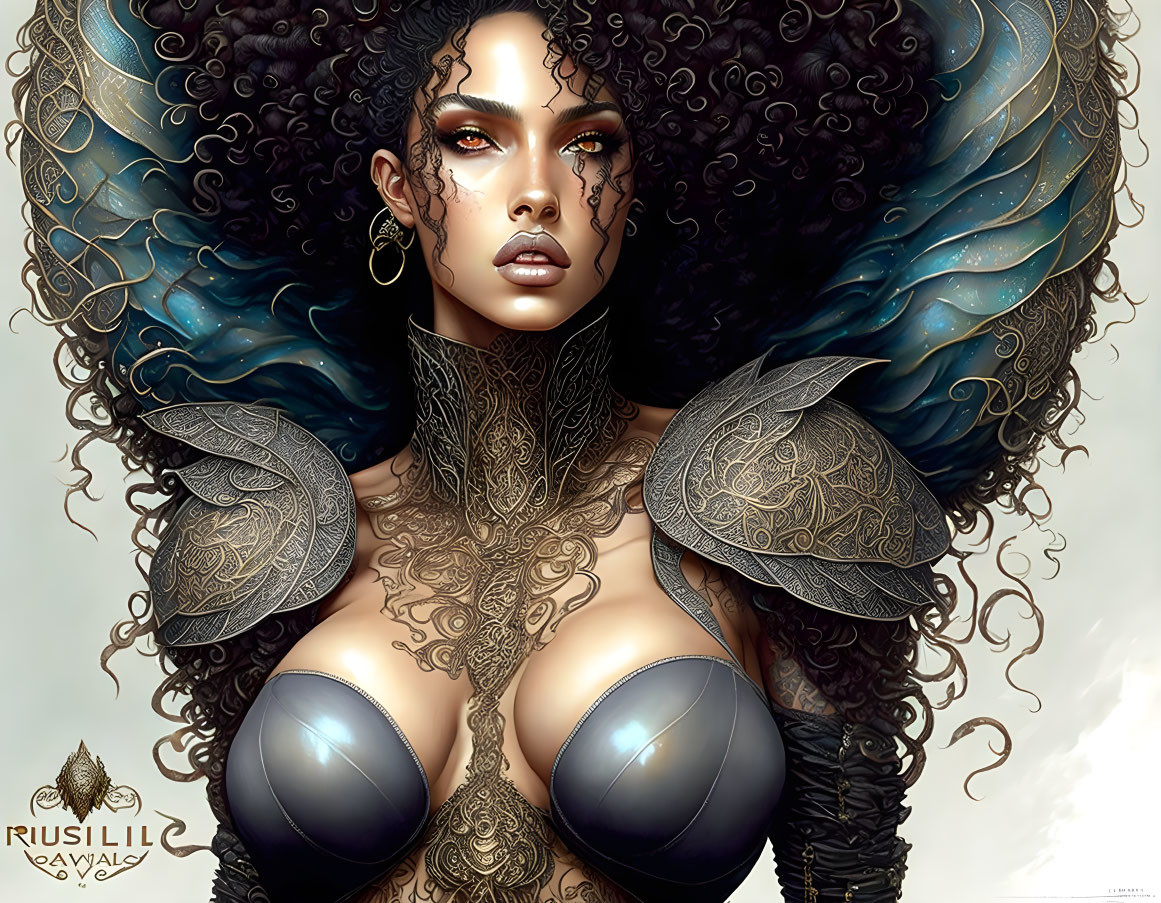 Illustrated female figure with curly hair, gold armor, and captivating gaze