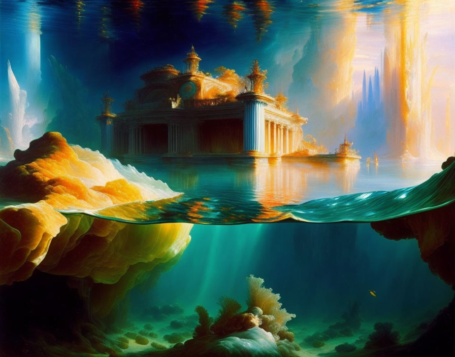 Underwater city with classical architecture and golden light amidst vibrant coral